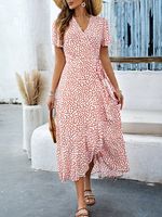 V Neck Casual Loose Small Floral Dress With No