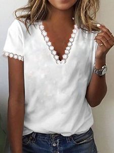 Lace Regular Fit V Neck Casual Short Sleeve T-Shirt