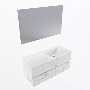 MONDIAZ VICA 110cm badmeubel onderkast Carrara 2 lades. Wastafel CLOUD rechts zonder kraangat, kleur Talc met spiegel LED.