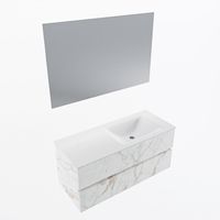 MONDIAZ VICA 110cm badmeubel onderkast Carrara 2 lades. Wastafel CLOUD rechts zonder kraangat, kleur Talc met spiegel LED. - thumbnail