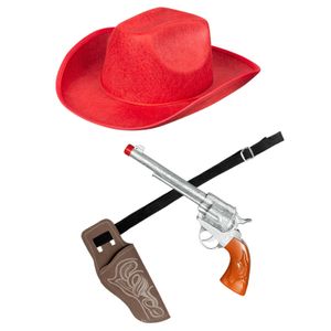 Verkleed set cowboyhoed Rodeo rood - met holster en pistool - voor volwassenen