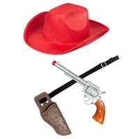 Verkleed set cowboyhoed Rodeo rood - met holster en pistool - voor volwassenen