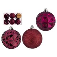 Gedecoreerde kerstballen - 6x stuks - bordeaux rood - kunststof - 7 cm - thumbnail