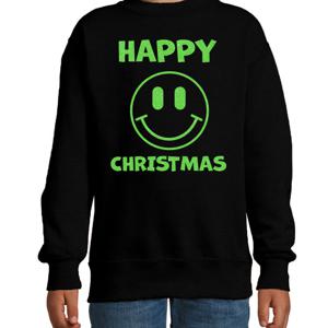 Kersttrui/sweater voor jongens/meisjes - Happy Christmas - zwart - smiley - glitter groen