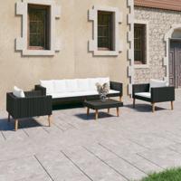 4-delige Loungeset met kussens poly rattan zwart