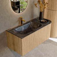 Mondiaz KURVE-DLUX 105 cm Onderkast Greeploos 1 Lade Met Deuren Oak, Wastafel Solid Surface Links Lava 1 Kraangat Zonder Spiegel (KRVBGS105R1L1D1KL-Oak/Lav)