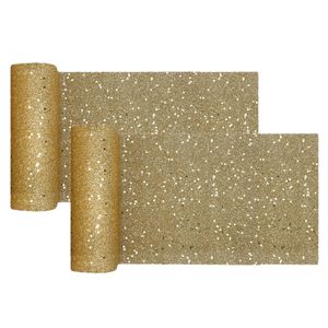 Kerst thema tafelloper op rol - 2x - goud glitter - smal 18 x 500 cm - polyester