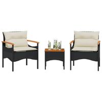 3-delige Loungeset met kussens poly rattan zwart - thumbnail