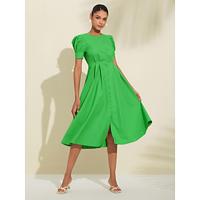 dames linnen katoenen overhemdjurk groen a-lijn midi-jurk gepofte mouw knoopsluiting casual elegante zomer - thumbnail