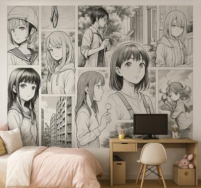 Zwart-witte manga fotobehang tienerkamer