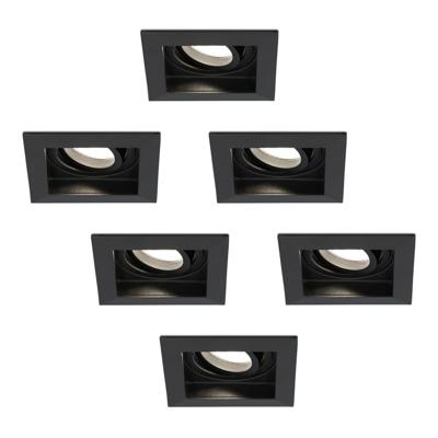 Set van 6 Fresno LED inbouwspots vierkant - GU10 - 5 Watt 400 lumen - 4000K neutraal wit - Dimbaar - Kantelbaar - Verzonken - IP20 voor binnen - Zwart - Anti-glare