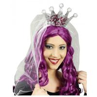 Bride To Be tiara/diadeem - zilver/roze - kroontje met sluier - vrijgezellenfeest - thumbnail