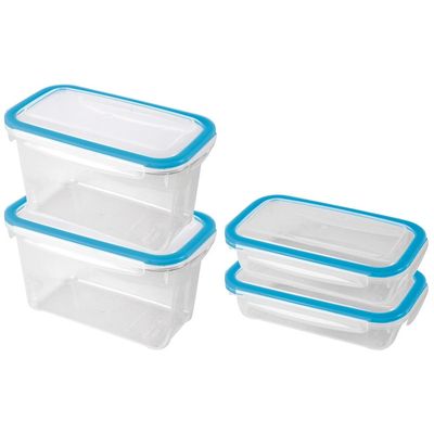 4x Voorraad/vershoudbakjes 0,5 en 1,2 liter transparant/blauw