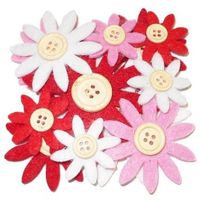Hobby vilt 24 rood/wit/roze vilten bloemen met knoop 3-7 cm - thumbnail