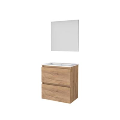 Basic-Line Basic 39 Badkamermeubelset - Ondiep - 60 x 39 cm - Greeploos - 2 Lades - Keramische Wastafel - 1 Kraangat - Spiegel - Whisky Oak