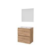 Basic-Line Basic 39 Badkamermeubelset - Ondiep - 60 x 39 cm - Greeploos - 2 Lades - Keramische Wastafel - 1 Kraangat - Spiegel - Whisky Oak