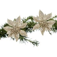 2x stuks kerstboom decoratie bloemen champagne glitter op clip 15 cm - Kersthangers - thumbnail
