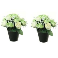 Kunstbloemen plant in pot - 2x - creme wit tinten - 20 cm - Bloemenstuk ornament