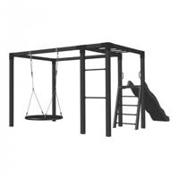 Zwart Houten Pergola 340 x 198 CM Met Nestschommel en Glijbaan