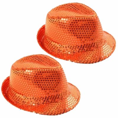 Trilby hoed met pailletten - 2x - oranje - glitter