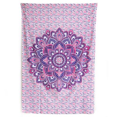 Authentiek Wandkleed Katoen met Paarse Mandala en Bloemen (215 x 135