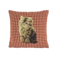 Gobelin Kussen Bruine Kat - Rode Ruit (32 x 32 cm) - thumbnail