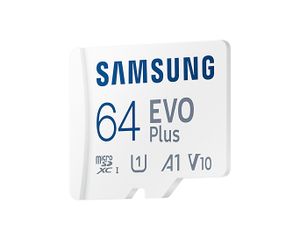 Samsung EVO Plus SDXC-kaart 64 GB A1 Application Performance Class, Class 10, Class 10 UHS-I, UHS-I A1-vermogensstandaard, Incl. SD-adapter, Schokbestendig