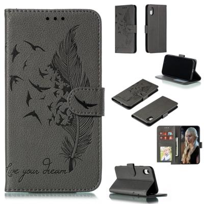 Feather patroon Litchi textuur horizontale Flip lederen draagtas met portemonnee & houder & kaartsleuven voor iPhone XR (grijs)
