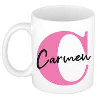 Naam mok Carmen - roze - wit - keramiek - 300 ml - verjaardag/cadeau beker