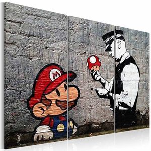Schilderij - Super Mario Mushroom Cop - Banksy  , paddenstoel politie , 3 luik   , grijs rood