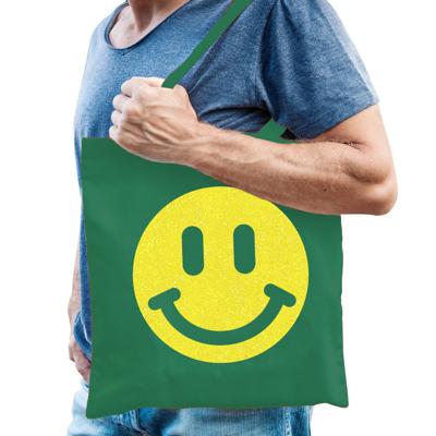 Cadeau tas voor heren - glitter Smile Emoticon - groen - katoen - 42 x 38 cm - Vaderdag - verjaardag
