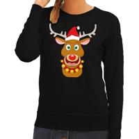 Foute kersttrui - sweater - Rudolf het rendier met rode kerstmuts - zwart - dames - Kersttruien