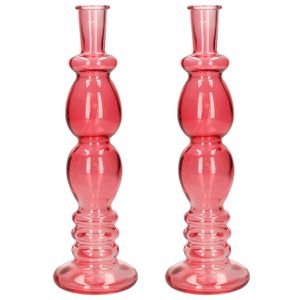 Kaarsen kandelaar Florence - 2x - koraal rood glas - helder - D9 x H28 cm