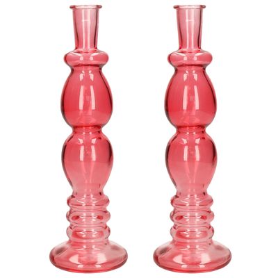 Kaarsen kandelaar Florence - 2x - koraal rood glas - helder - D9 x H28 cm