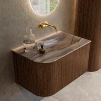 Badmeubel Mondiaz Kurve-Dlux | 75 cm | Meubelkleur Walnut | Wastafelkleur Sombra | Solid surface | Wasbak rechter zijde spoelbak | Zonder kraangat(en)