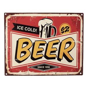 Clayre & Eef Tekstbord 25x20 cm Rood Geel Ijzer Ice cold Beer