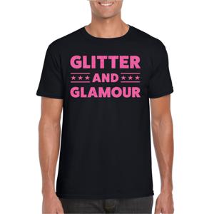 Bellatio Decorations Verkleed T-shirt heren - glitter and glamour - zwart - roze glitter - carnaval 2XL  -