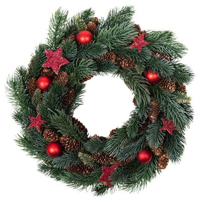 Kerstkrans - gedecoreerd - D34 x 8 cm - rood - dennenappels - kunststof