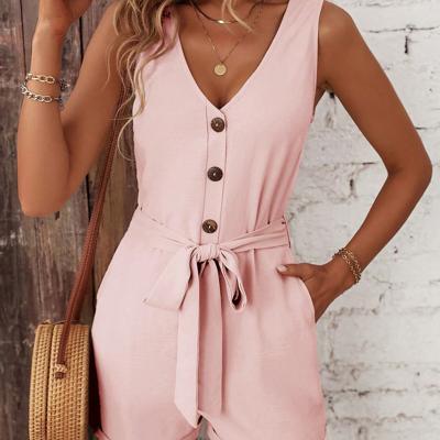 Bon&Bon Black V-Neck Tank Romper - Belted Sleeveless Casual Jumpsuit Pink / S
