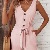 Bon&Bon Black V-Neck Tank Romper - Belted Sleeveless Casual Jumpsuit Pink / S