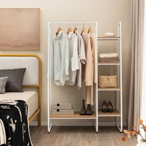 Vrijstaand Kledingrek met 5 Houten Planken en Stang om Kleding op te Hangen Moderne Draagbare Garderobe voor Slaapkamer Woonkamer