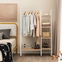 Vrijstaand Kledingrek met 5 Houten Planken en Stang om Kleding op te Hangen Moderne Draagbare Garderobe voor Slaapkamer Woonkamer