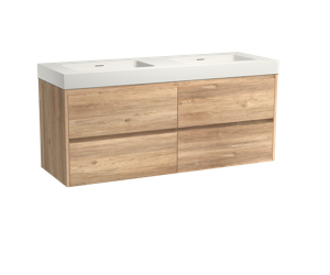 Storke Seda zwevend badmeubel 150 x 52 cm ruw eiken met Mata High dubbele wastafel in matte Solid Surface