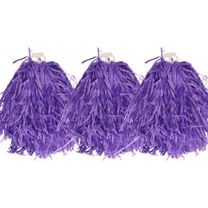 Cheerballs/pompoms - 6x - paars - met franjes en ring handgreep - 28 cm