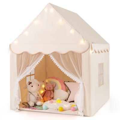 Speelhuisje voor Kinderen met Sterrenlichtjes Ramen Mat en Dubbele Gordijnen Kinder Tent Beige