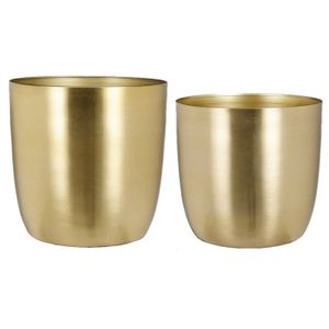 Plantenpot/bloempotten set - 2x stuks - metaal - goud - D22 en D24 cm