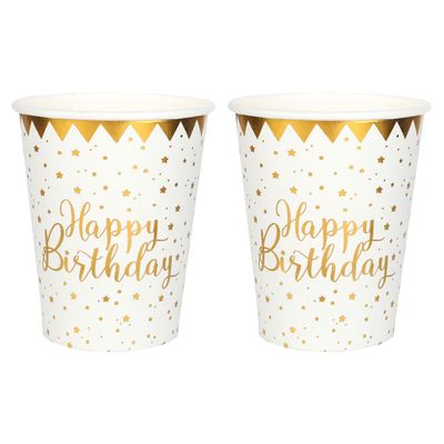 Verjaardag feest bekertjes happy birthday - 20x - wit - karton - 270 ml