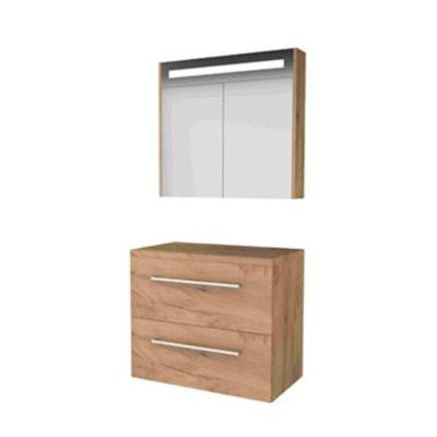 Basic-Line Premium 46 Badkamermeubelset - 80 x 46 cm - Met Grepen - 2 Lades - Wastafelblad - Spiegelkast met LED Verlichting - Whisky Oak