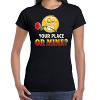 Funny emoticon t-shirt Your place or mine zwart dames
