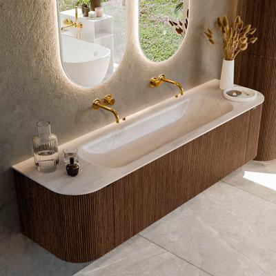 Badmeubel Mondiaz Kurve-Dlux | 170 cm | Meubelkleur Walnut | Wastafelkleur Meli | Solid surface | Wasbak midden spoelbak | Zonder kraangat(en)